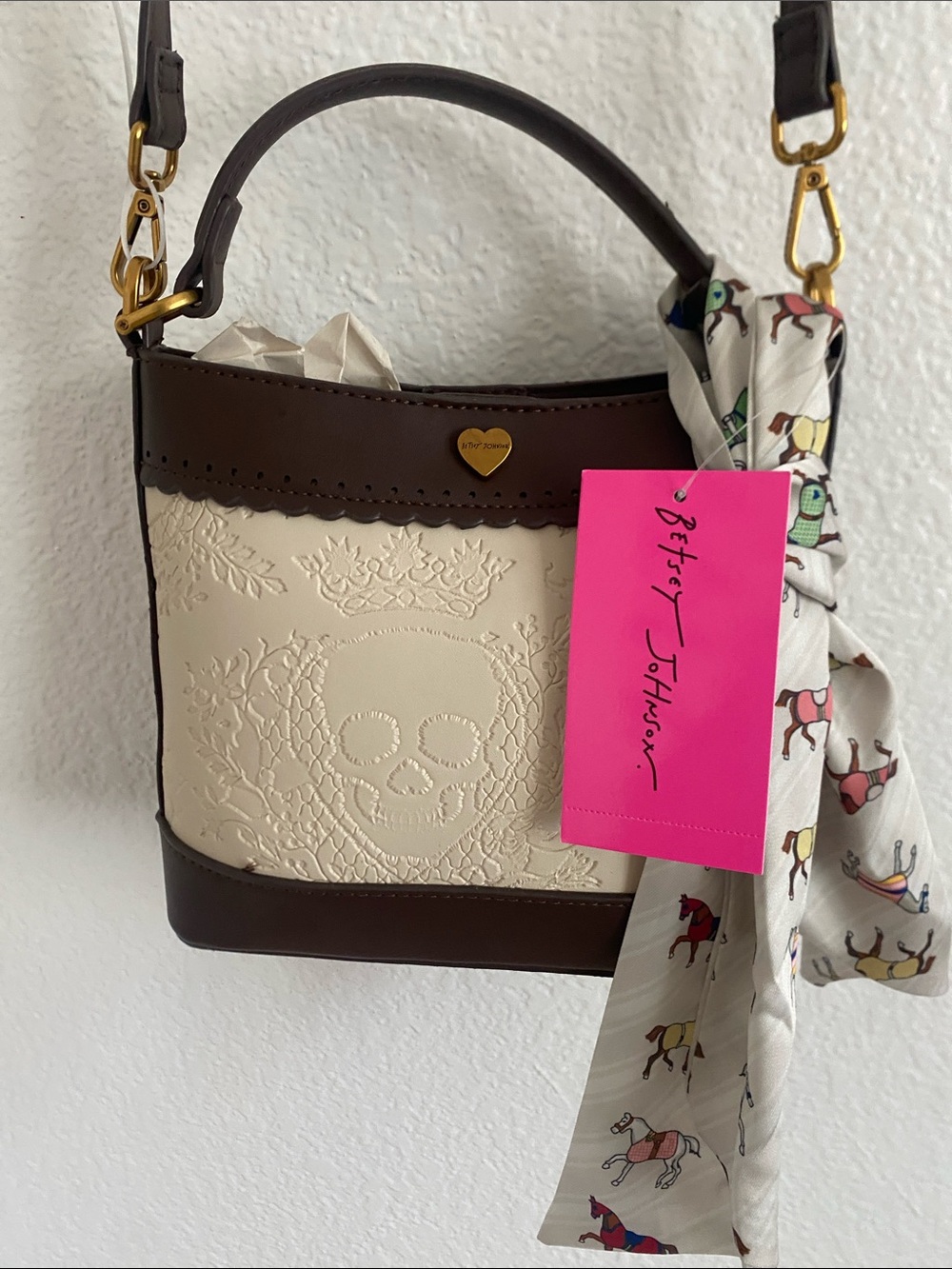 Betsey Johnson Cream & Brown Embossed Skull Bucket Bag with Scarf